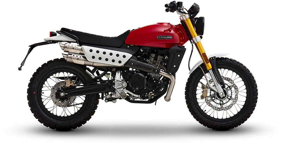 Foto de perfil del Caballero 500 Scrambler 2025 en color rojo.