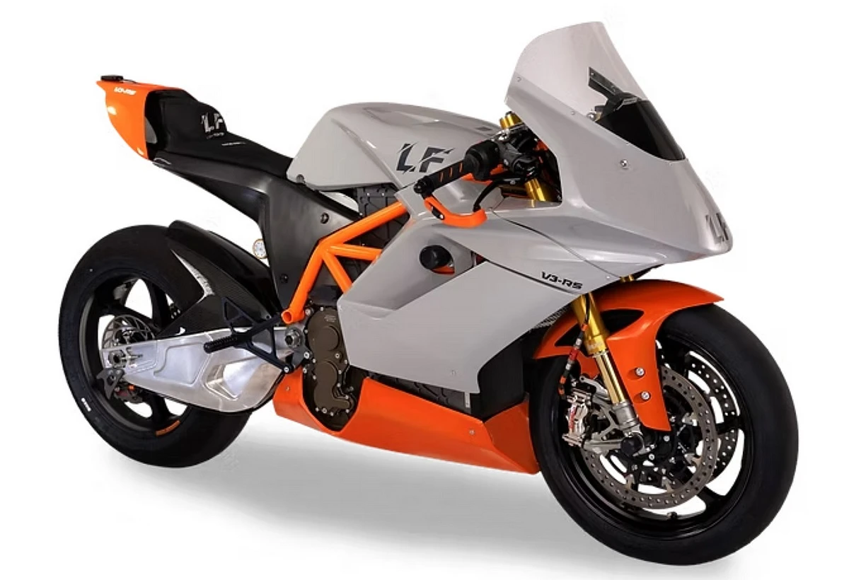 A white and orange Lightfighter V3-RS motorcycle