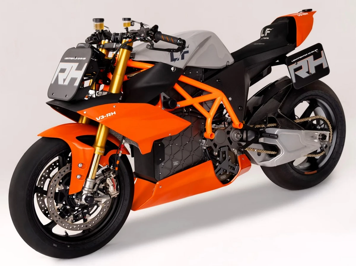 A white and orange Lightfighter V3-RH motorcycle