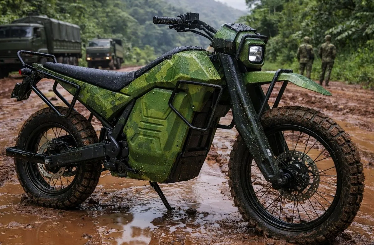 Une moto NorthForge Dispatch verte dans un terrain boueux et une jungle en arrière-plan