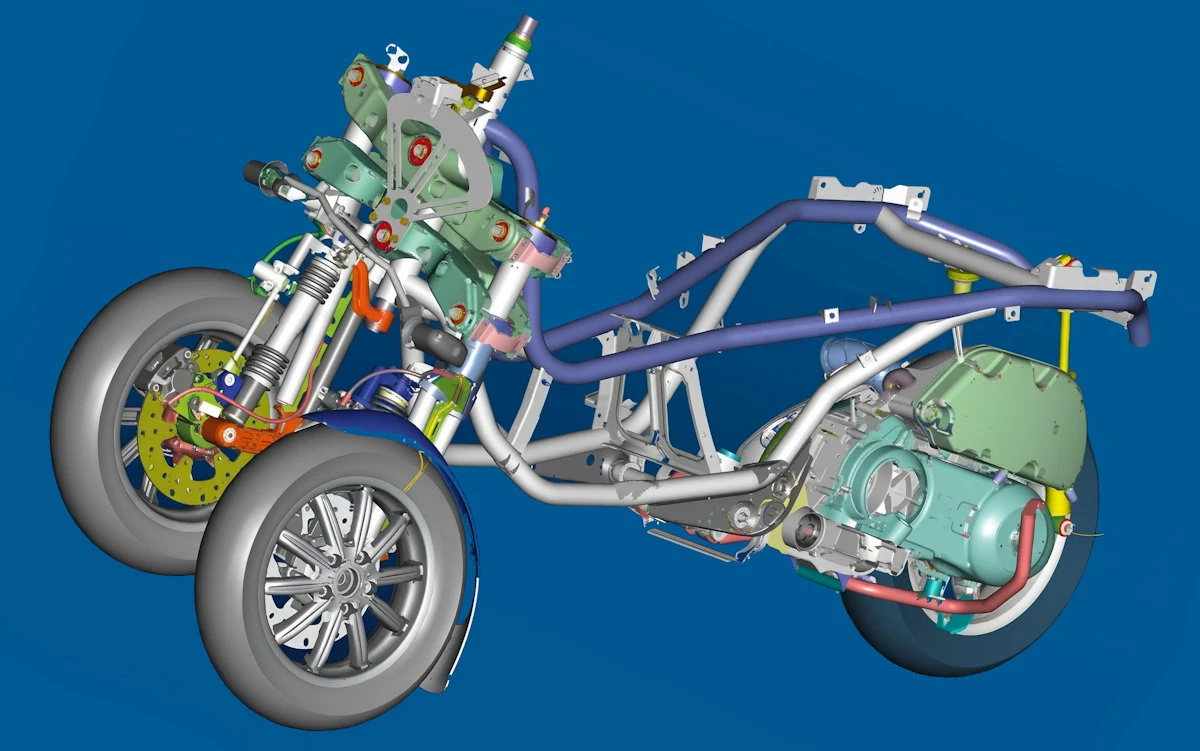 Une vue technique du châssis du scooter Piaggio 125 MP3