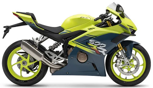 Foto de perfil del 500RR 2025 en color azul / amarillo.
