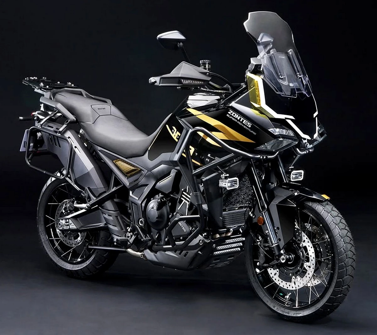 Une moto Zontes 703 F Touring Adventure noir et or