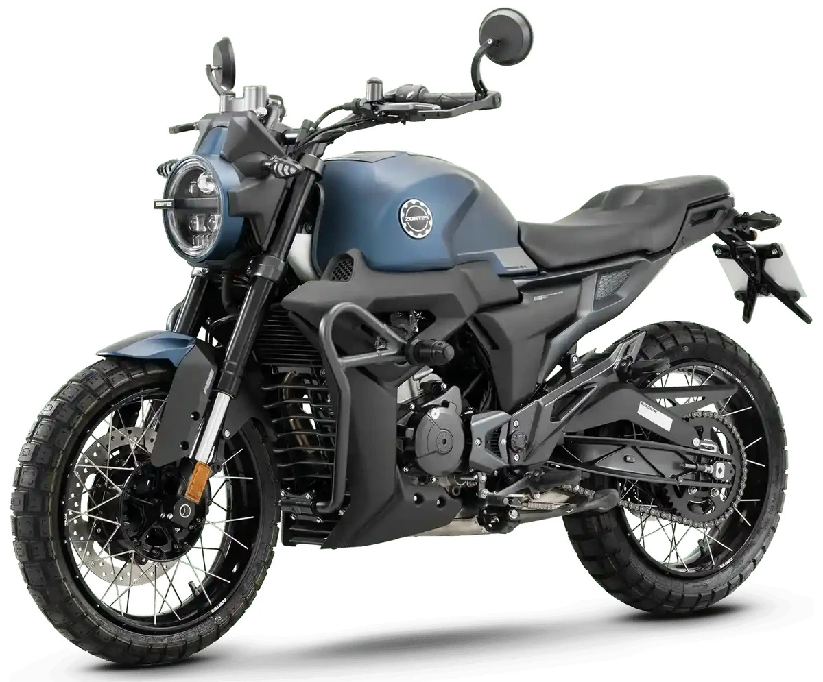 Une moto Zontes 125 Scrambler X bleu