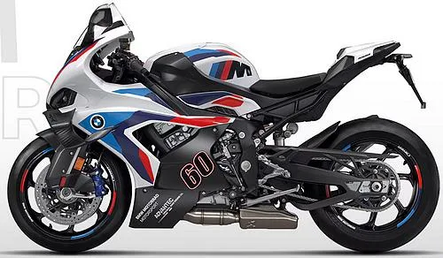 Photo de profil de la M 1000 RR 2027 en couleur bleu / blanc / rouge