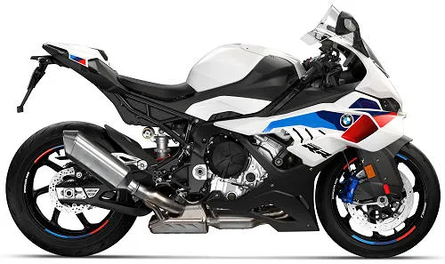 Foto de perfil del S 1000 RR 2027 en color blanco / rojo / azul.