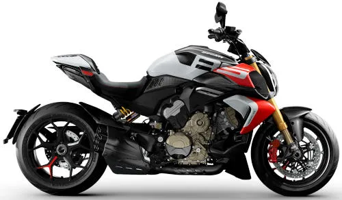Foto de perfil del Diavel V4 RS 2026 en color rojo / blanco.