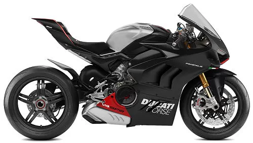 Foto de perfil del 1100 Panigale V4 SP2 2023 en color negro.