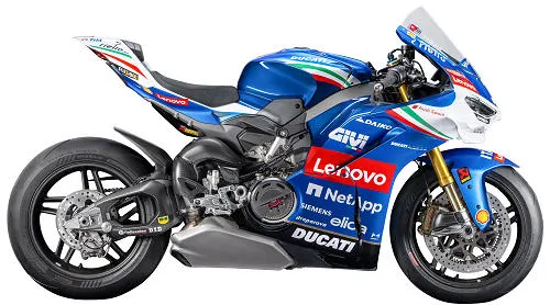 Foto de perfil del 1100 Panigale V4 Tricolore Italia 2025 en color azul.