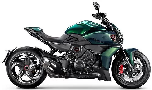 Foto de perfil del Diavel V4 for Bentley 2024 en color verde.