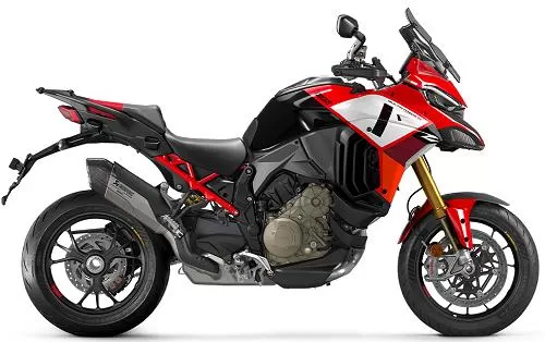 Foto de perfil del Multistrada V4 1160 Pikes Peak 2024 en color rojo / negro.