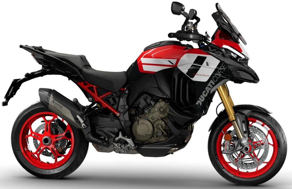 Foto de perfil del Multistrada V4 Pikes Peak 1160 2027 en color rojo / negro.