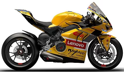Foto de perfil del 1100 Panigale V4 S Bagnaia World Champion Replica 2024 en color amarillo.