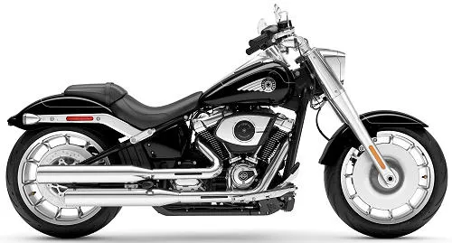 Foto de perfil del 1920 Softail Fat Boy FLFB 2025 en color negro.