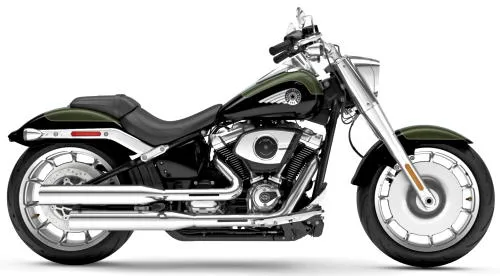 Foto de perfil del 1920 Softail Fat Boy FLFB 2026 en color verde / negro.