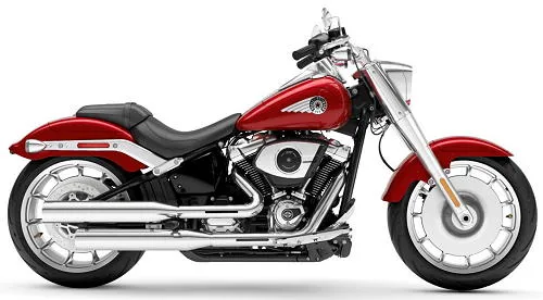 Foto de perfil del 1920 Softail Fat Boy FLFB 2026 en color rojo.