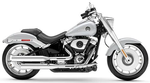 Foto de perfil del 1920 Softail Fat Boy FLFB 2026 en color gris.