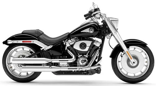 Foto de perfil del 1920 Softail Fat Boy FLFB 2026 en color negro.