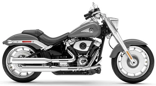 Foto de perfil del 1920 Softail Fat Boy FLFB 2026 en color gris.