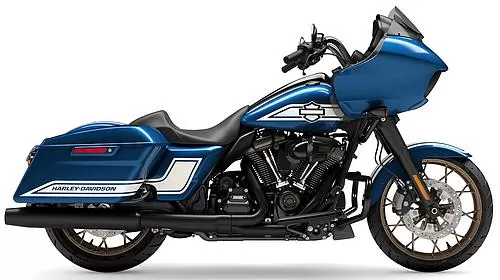 Foto de perfil del 1920 Road Glide ST 'Enthusiast Fast Johnnie' FLTRXST 2023 en color blanco / azul.