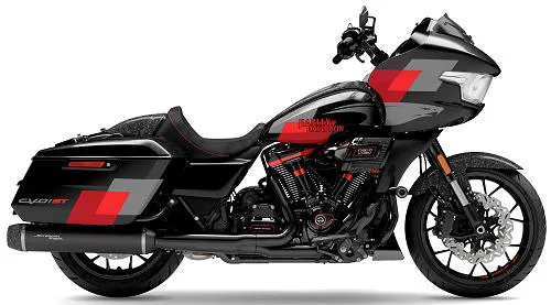 Foto de perfil del CVO 1980 Road Glide ST  FLTRXSTSE 2025 en color rojo / gris.