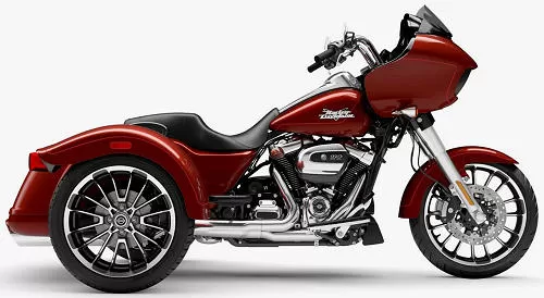 Foto de perfil del 1870 Road Glide 3  FLTRT 2024 en color rojo.