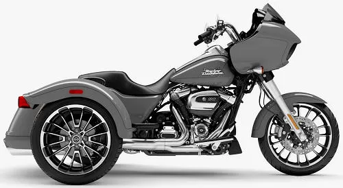 Foto de perfil del 1870 Road Glide 3  FLTRT 2024 en color gris.
