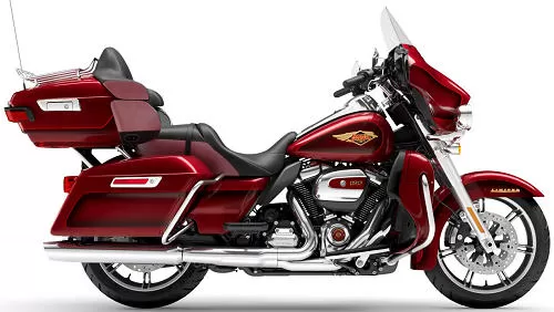 Foto de perfil del 1870 Ultra Limited 120ème anniversaire FLHTKANV 2023 en color rojo.