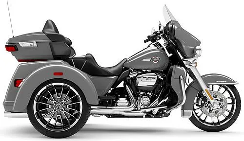 Foto de perfil del 1870 Tri Glide Ultra FLHTCUTG 2025 en color gris.