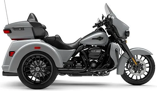 Foto de perfil del 1870 Tri Glide Ultra FLHTCUTG 2025 en color gris.
