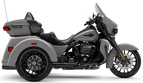 Foto de perfil del 1870 Tri Glide Ultra FLHTCUTG 2025 en color gris / negro.