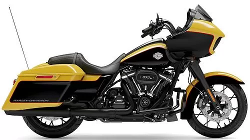 Foto de perfil del 1870 Road Glide Special FLTRXS 2023 en color amarillo.