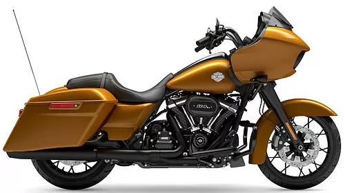 Foto de perfil del 1870 Road Glide Special FLTRXS 2023 en color amarillo.