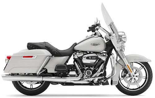Foto de perfil del 1745 Road King FLHR 2020 en color blanco.