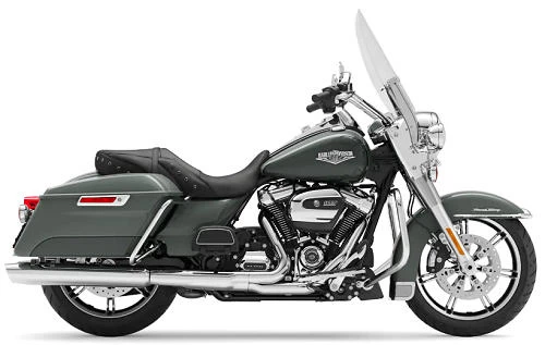 Foto de perfil del 1745 Road King FLHR 2020 en color gris.