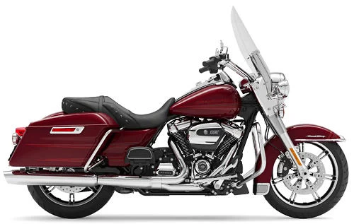 Foto de perfil del 1745 Road King FLHR 2020 en color rojo.
