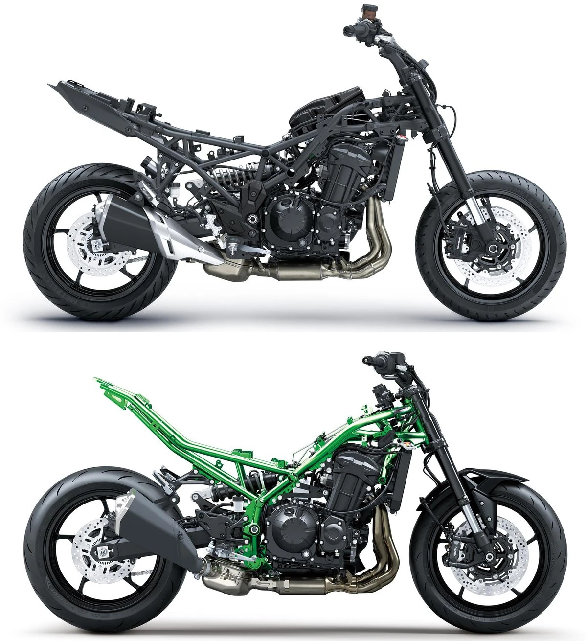 Une vue technique des châssis des Kawasaki Z 900 et Versys 900