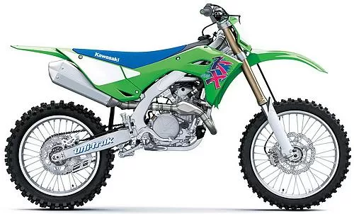 Foto de perfil del KX 450 50ème anniversaire 2024 en color verde.