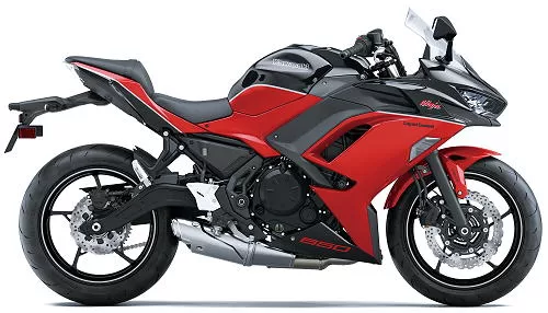 Foto de perfil del Ninja 650 40ème Anniversaire 2024 en color rojo / negro.