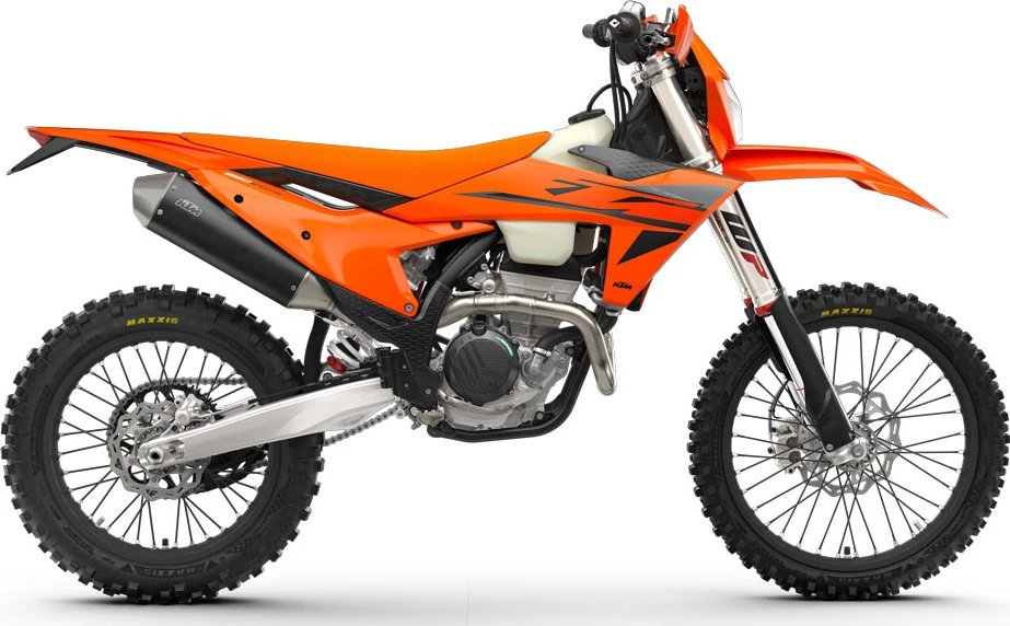 Foto de perfil del 350 EXC-F 2025 en color naranja.