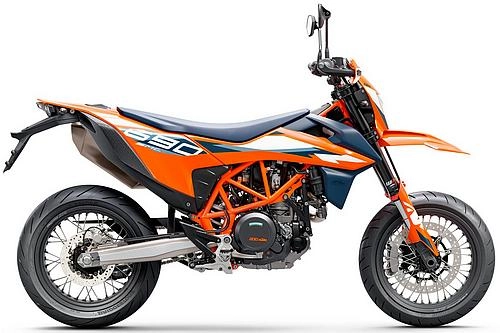 Foto de perfil del 690 SMC R 2024 en color naranja / azul.