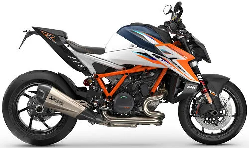 Foto de perfil del Superduke 1390 RR 2026 en color naranja / azul.