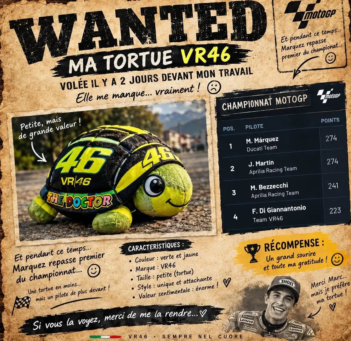 Un avis de recherche avec une tortue en peluche VR46