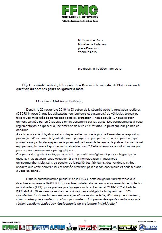 Port de gants obligatoire - La FFMC dénonce un imbroglio et interpelle le ministre de l\'Intérieur.