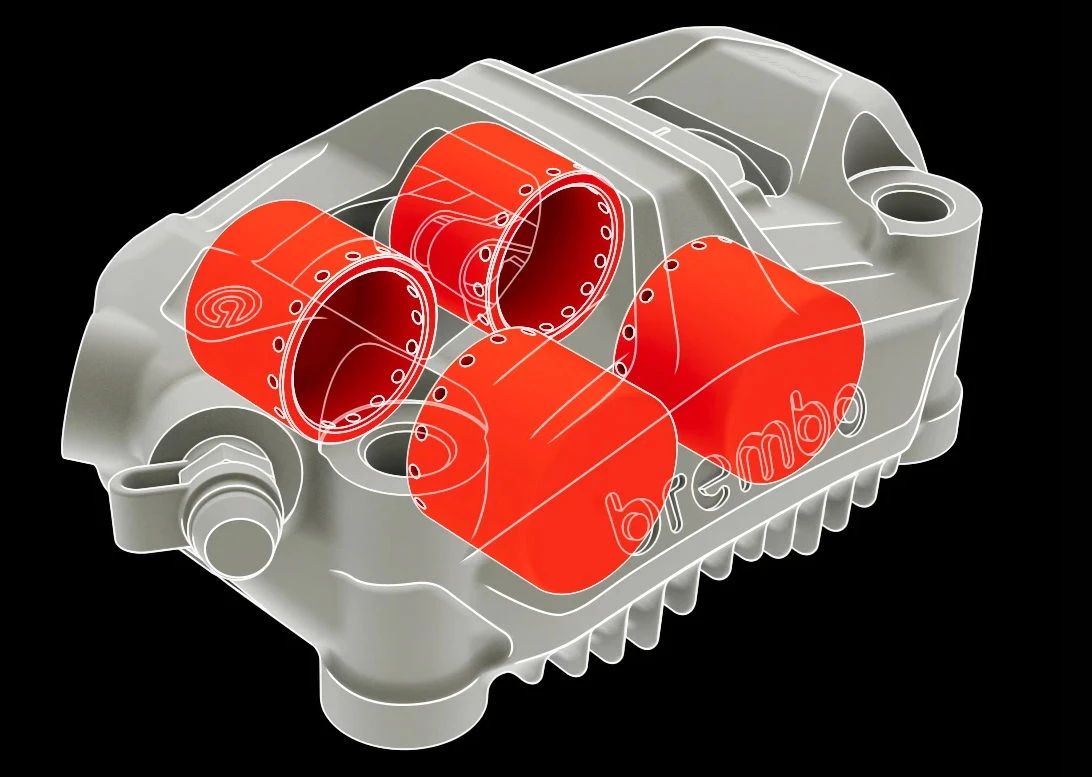 Une vue schématique d'un étrier de frein Brembo GP4-MotoGP avec des pistons rouge