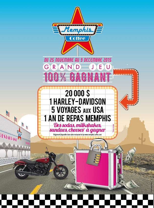Une Harley-Davidson à gagner dans les restaurants Memphis Coffee.