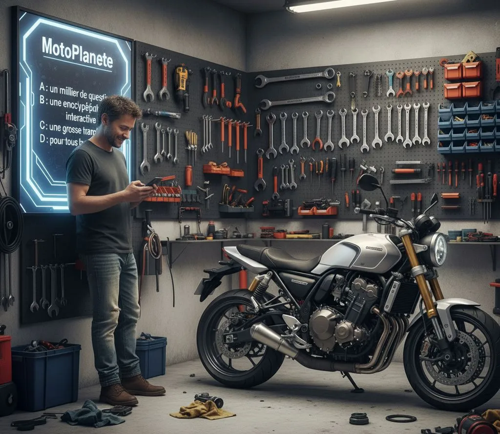 Un jour de quiz MP Max sur son smartphone, dans un garage, avec sa moto de type roadster