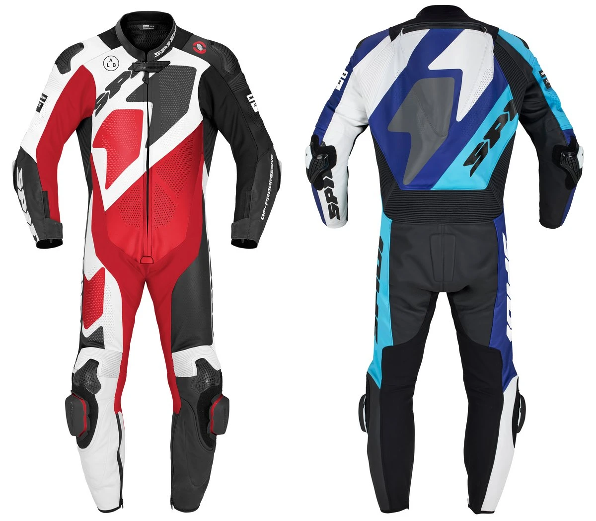 Une combinaison de moto Spidi combinaison Gran Premio Perforated Pro, l'avant en rouge et le derrière en bleu.