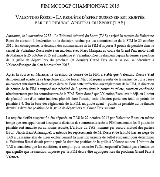 MotoGP - Le Tribunal Arbitral du Sport rejette la demande de sursis de Rossi.