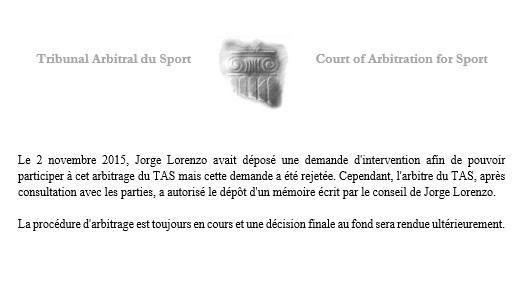 MotoGP - Le Tribunal Arbitral du Sport rejette la demande de sursis de Rossi.